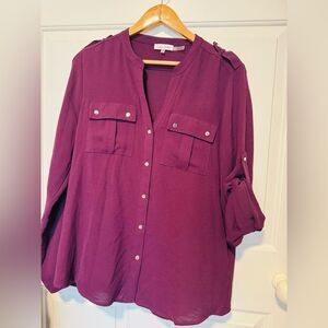 Calvin Klein Purple Relaxed Blouse with Mandarin Collar